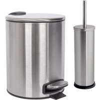 2pc 5L Round Brushed Stainless Steel Pedal Bin & Toilet Brush Set