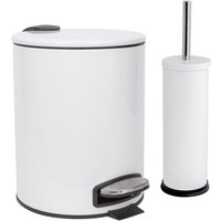 2pc 5L White Round Stainless Steel Pedal Bin & Toilet Brush Set