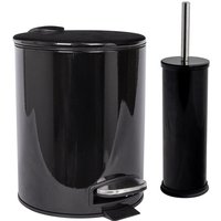 2pc 5L Black Round Stainless Steel Pedal Bin & Toilet Brush Set